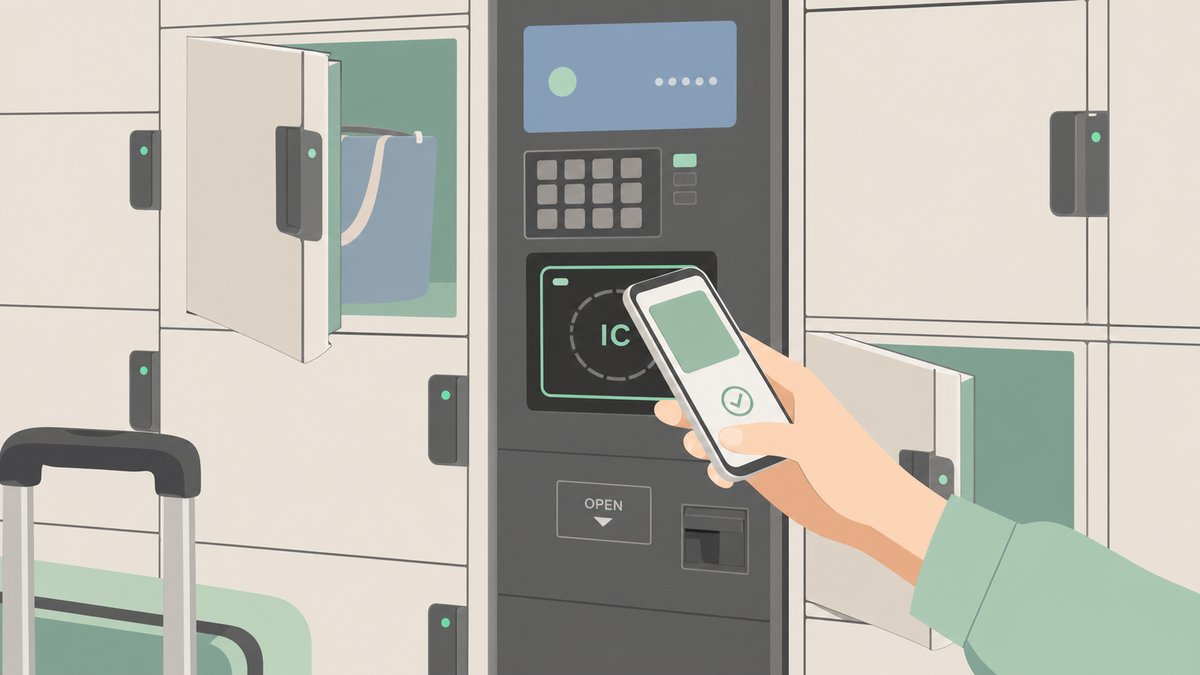 駅のコインロッカーにスマートフォンをかざしてモバイルSuicaで決済する手元のイラスト