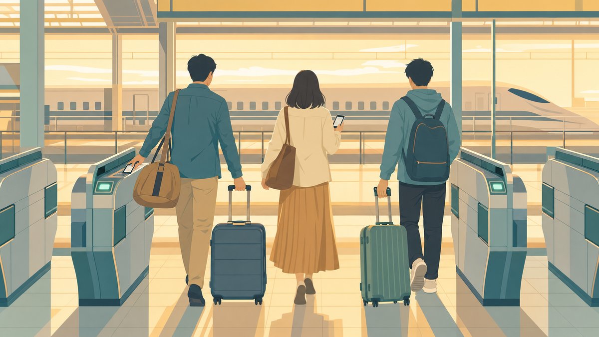 新幹線駅の改札を家族3人で旅行カバンを持って通るモバイルSuica利用シーンのイラスト
