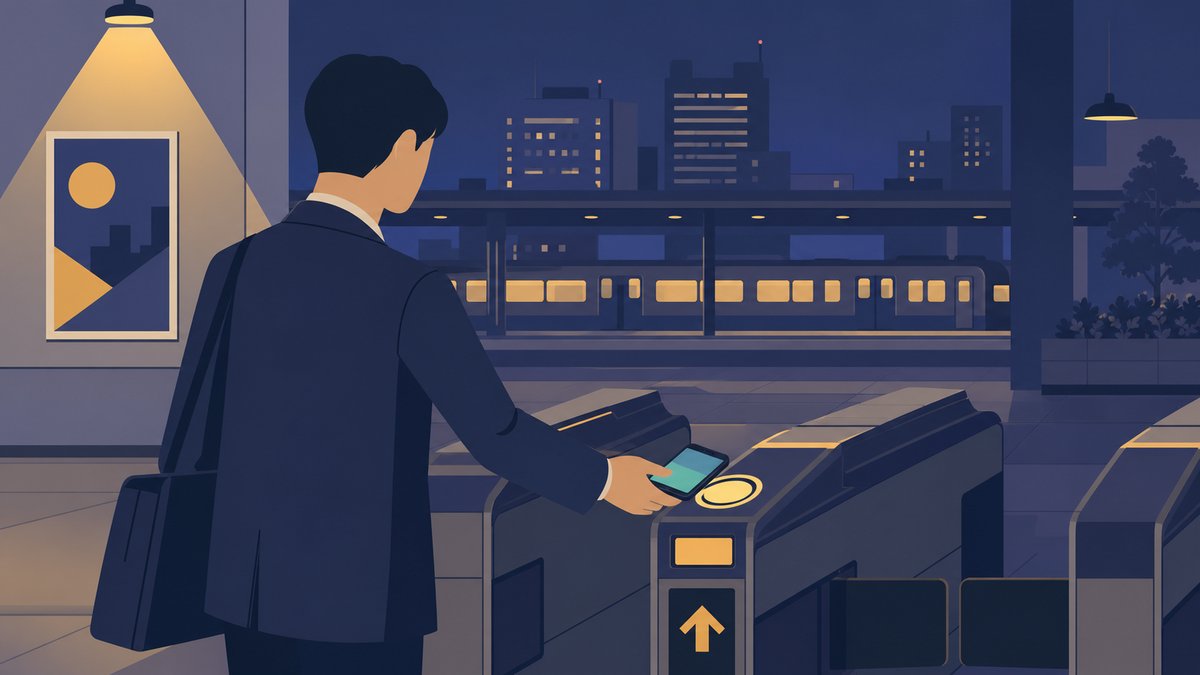 夜の駅の自動改札でモバイルSuicaのスマートフォンをタッチして通過する男性のイラスト