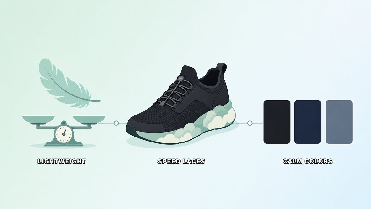 On Cloud 6 Waterproofを選んだ3つの決め手（軽さ・スピードシューレース・落ち着いた配色）を可視化したフラットイラスト