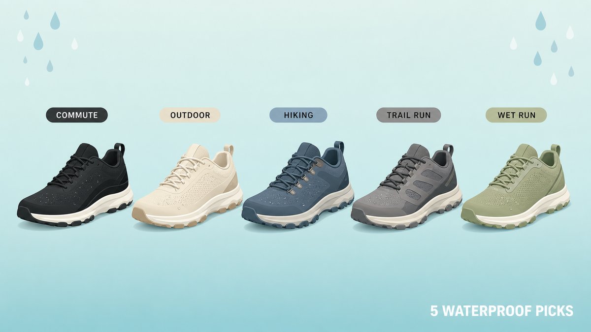 On 防水スニーカー5モデル（Cloud 6 WP・Geo・Cloudrock Low・Cloudsurfer Trail 2・Cloudvista 2）を用途別に並べた比較イラスト