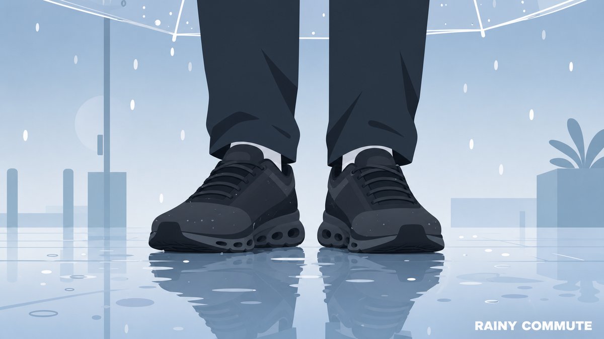 雨の歩道に立つOn Cloud 6 Waterproof風スニーカーの足元イラスト