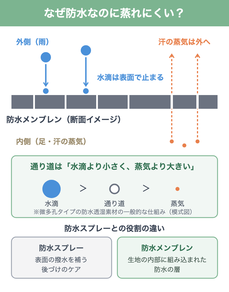 防水メンブレンの仕組み図解:水滴は表面で止まり、汗の蒸気は通り道を抜けて外へ出る断面模式図